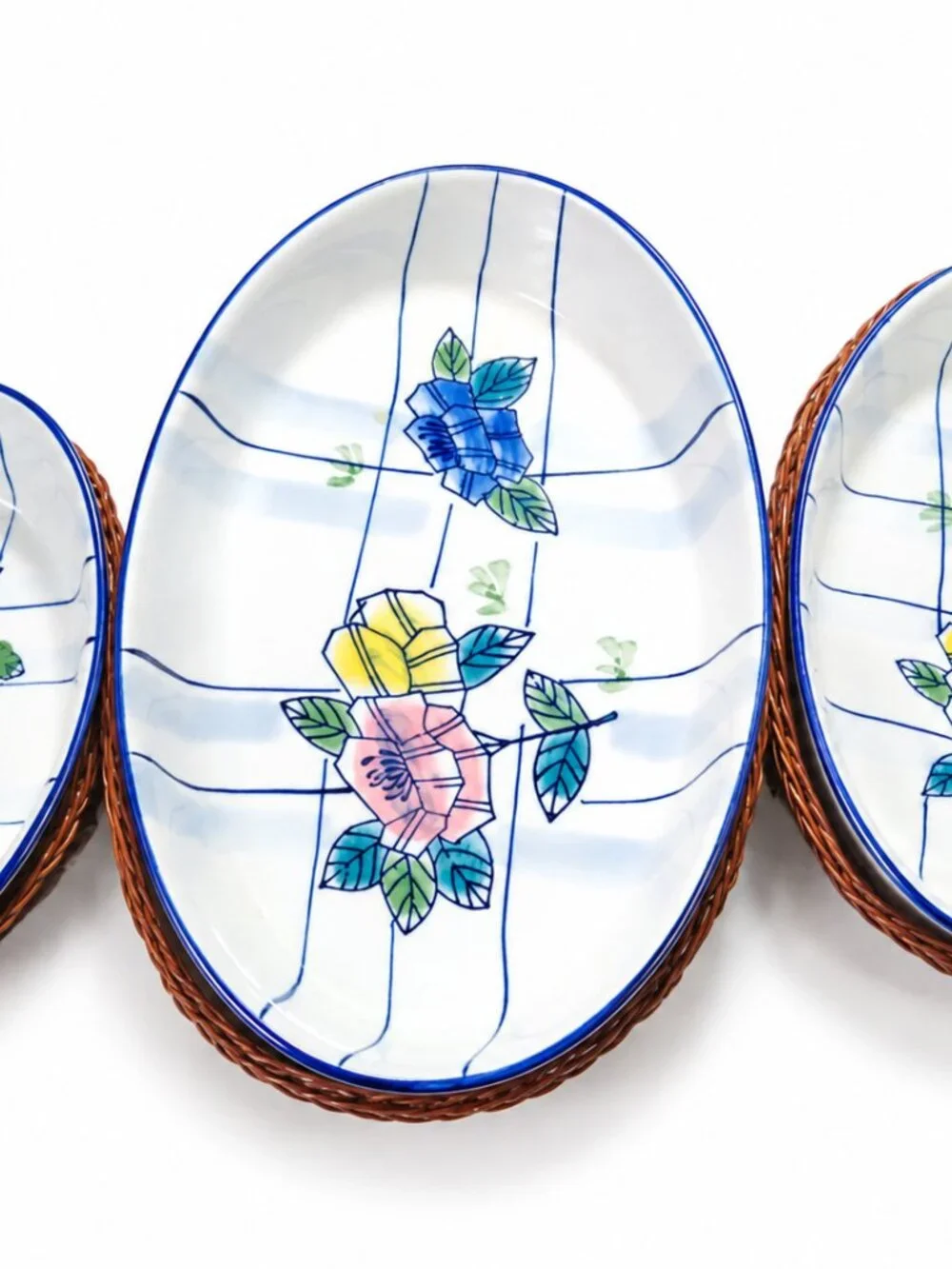 Nested Floral Blue - Rimmed Ceramic Platter Set 3 Bowls